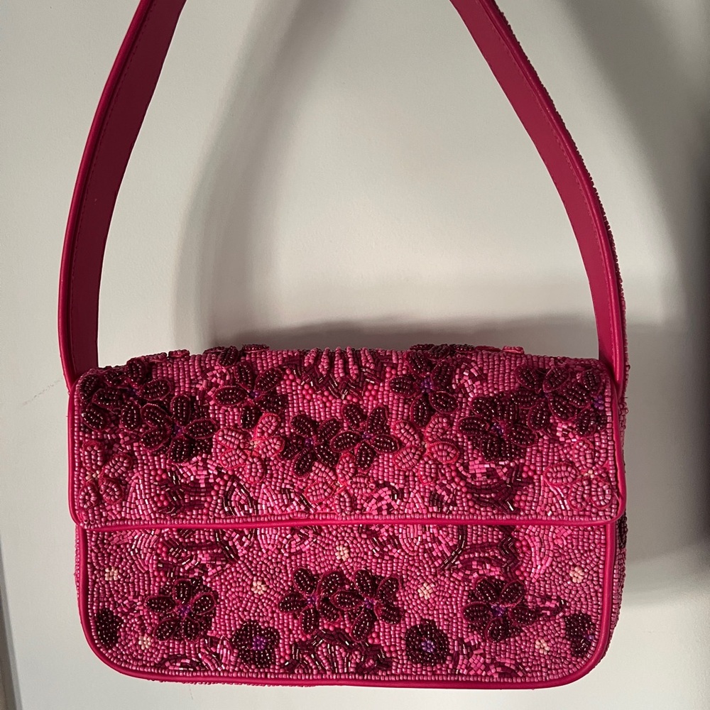 Staud pink beaded floral Tommy bag